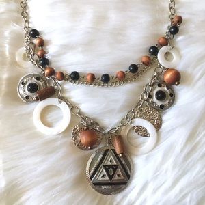 Wood Bead Chain & Metal Pendant Statement Necklace